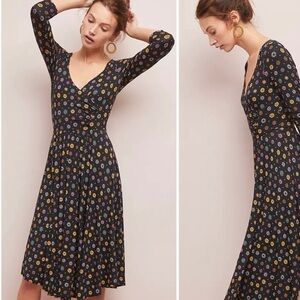 Anthropologie Maeve Archival Dress Black Dot Floral Surplice Neck Midi M Retro